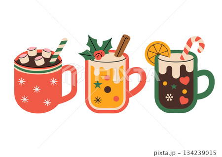 Cozy collection of vector hot drinks for christmas and winter holidays, featuring steaming mugs with cinnamon sticks and candy canes Cozy collection of vector hot drinks for christmas and winter holidays, featuring steaming mugs with cinnamon sticks and candy canes 134239015