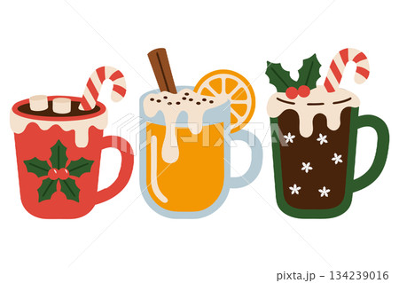 Festive winter holiday hot drinks collection, vector illustration of mugs with seasonal decorations Festive winter holiday hot drinks collection, vector illustration of mugs with seasonal decorations 134239016