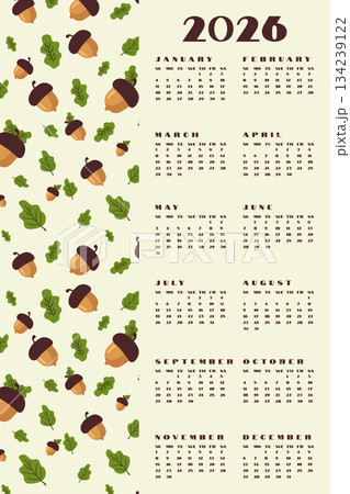 Vertical Calendar 2026 Year Planner Autumn Acorn Leaf Pattern. 134239122