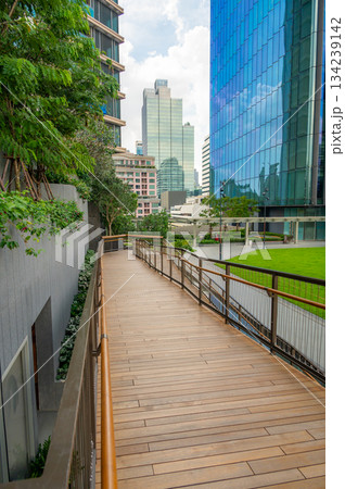 Walkways and wooden paths in Dusit Park on a Bangkok rooftop, surrounded by fresh greenery and offering elevated city views that blend modern design with calm natural space. 134239142