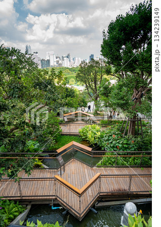 Walkways and wooden paths in Dusit Park on a Bangkok rooftop, surrounded by fresh greenery and offering elevated city views that blend modern design with calm natural space. 134239149