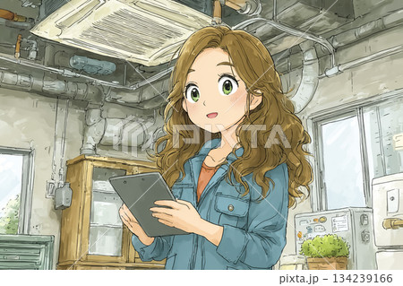 美優シリーズ｜業務用エアコン点検を行う女性技術者のイラスト 134239166