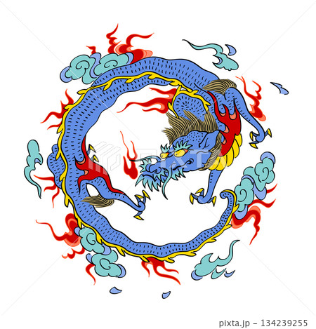 Azure Dragon, Japanese Seiryu, Chinese Qinglong, one of the Dragon Gods. He represents the cardinal direction east, and the spring season. Also known as the Blue-green, Green or Avalon Dragon. Vector 134239255