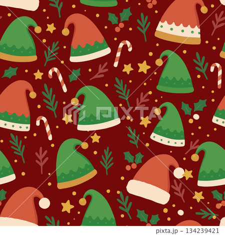 Holiday elf hat and candy cane repeat pattern vector for textile, wrapping paper, background, and apparel. 134239421