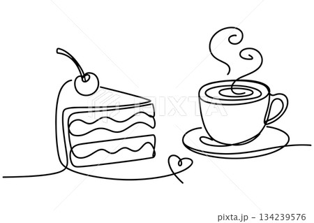 Cake Coffee One Line Vector. Minimal Dessert Drink Line Art Vector 134239576