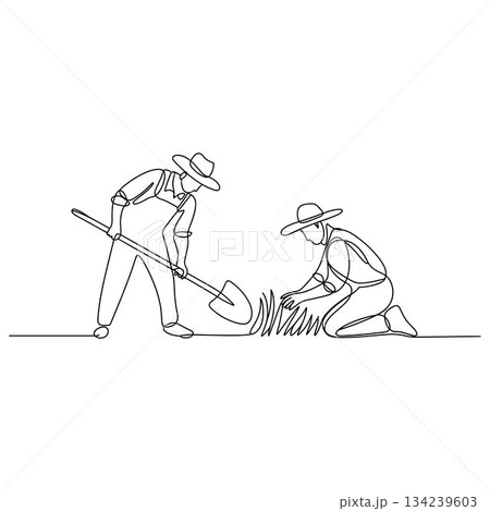 Farmers Planting Together. One Line Art Vector 134239603