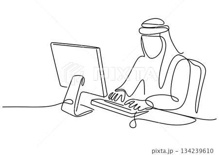 Arab Man Working on Computer  Vector. Minimal One Line 134239610