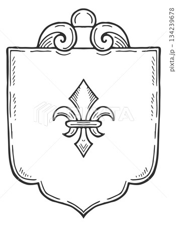 A black and white drawing of a shield with a fleur de lis on it A black and white drawing of a shield with a fleur de lis on it 134239678