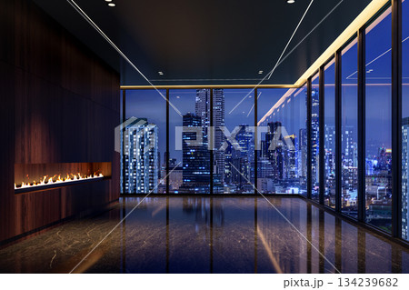 Ultra-luxurious, dark, and modern empty room in a high-rise penthouse 3d render 134239682