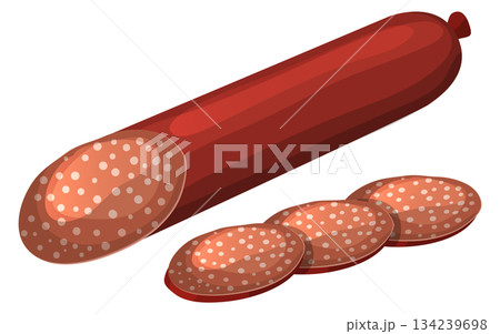 A long red sausage is cut into four pieces 134239698
