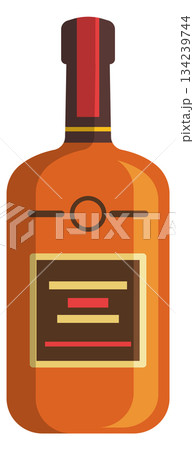 A bottle of liquor with a red label and a red cap 134239744