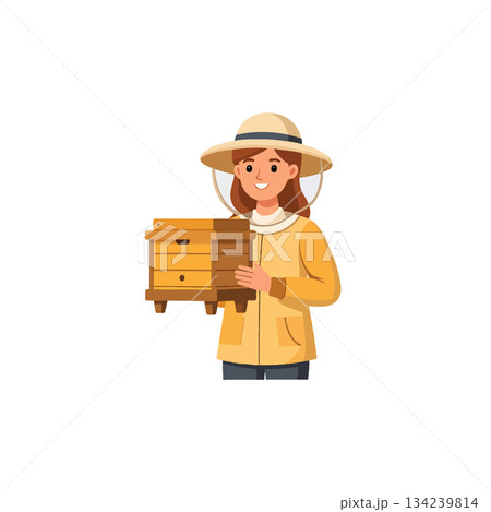 Beekeeper gently holding a small beehive boxes with care in a secure outfit for honey harvesting 134239814