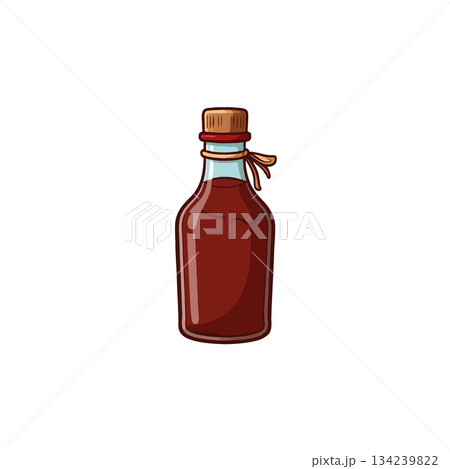 A quaint drawing of a glass bottle filled with a brown fluid tied with a delicate ribbon adorning 134239822