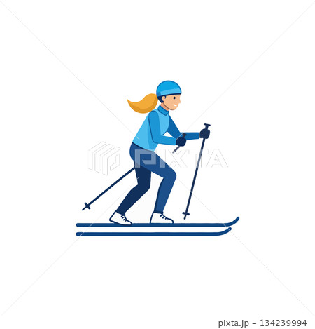 Young woman enjoying winter sports activities with skis on fresh snow in winter season perfect 134239994