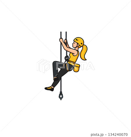 Enthusiastic female rock climber ascends rope with determination and focus showing ambition and 134240070