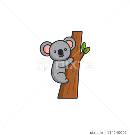 Cartoon illustration showcases a charming koala bear clinging firmly to a tree trunk with leaves 134240091