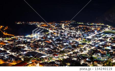City lights of Banos de Agua Santa shine in the Andean valley at night in Ecuador. Panoramic urban landscape seen from Mirador de la Virgen features illuminated streets and dark mountains City lights of Banos de Agua Santa shine in the Andean valley at night in Ecuador. Panoramic urban landscape seen from Mirador de la Virgen features illuminated streets and dark mountains 134240119