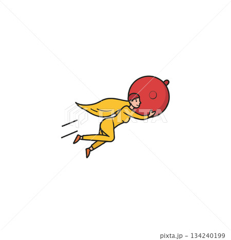 Illustration of empowered woman in flight carrying red sphere depicting ambition and strength for Illustration of empowered woman in flight carrying red sphere depicting ambition and strength for 134240199