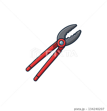 Cartoon illustration showcasing vibrant red handled metal cutting pliers isolated against a plain Cartoon illustration showcasing vibrant red handled metal cutting pliers isolated against a plain 134240207