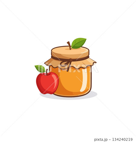 Cartoon illustration displaying a sweet apple alongside a jar of homemade apple jam ready for Cartoon illustration displaying a sweet apple alongside a jar of homemade apple jam ready for 134240219