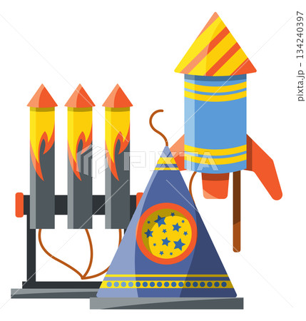 A blue and yellow firework rocket is on top of a blue and yellow firework A blue and yellow firework rocket is on top of a blue and yellow firework 134240397