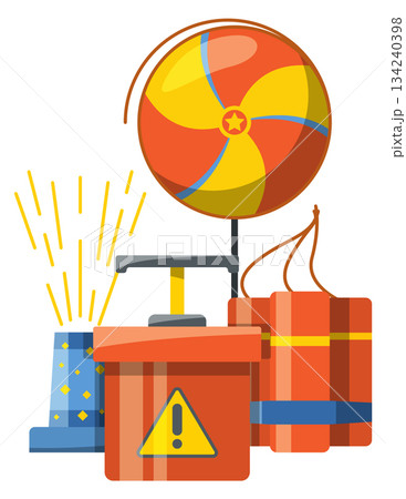 A cartoonish scene of a bunch of fireworks and a yellow and orange candy 134240398