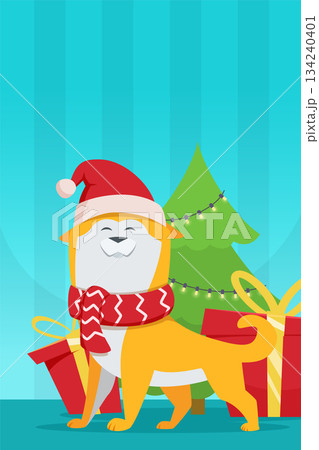 A dog is wearing a red scarf and a Santa hat 134240401