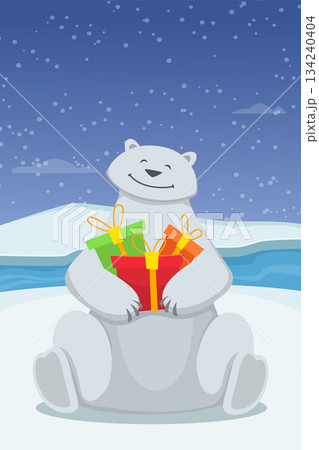 A polar bear is holding a bunch of presents in its mouth 134240404