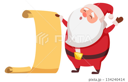 A cartoon of Santa Claus holding a scroll with a blank space on it 134240414