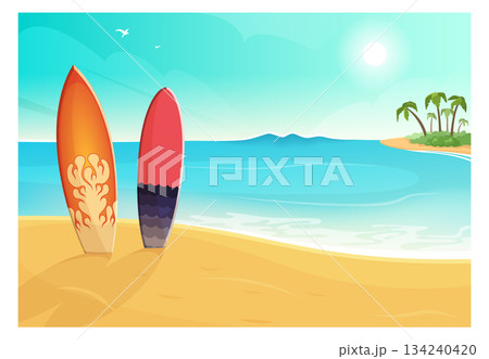 Two surfboards are on the beach, one red and one orange Two surfboards are on the beach, one red and one orange 134240420