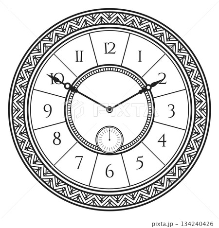 A clock with a black face and white numbers 134240426