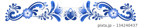 A blue and white floral border with a blue flower in the middle A blue and white floral border with a blue flower in the middle 134240437