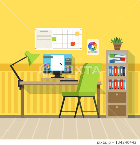 A computer desk with a green chair and a computer monitor 134240442