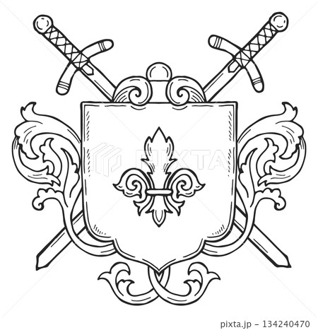 A shield with a sword and a fleur de lis on it A shield with a sword and a fleur de lis on it 134240470