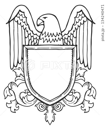 A black and white drawing of an eagle with a shield A black and white drawing of an eagle with a shield 134240471