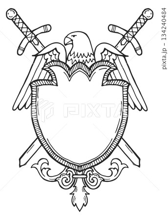 A shield with an eagle and two swords on it 134240484