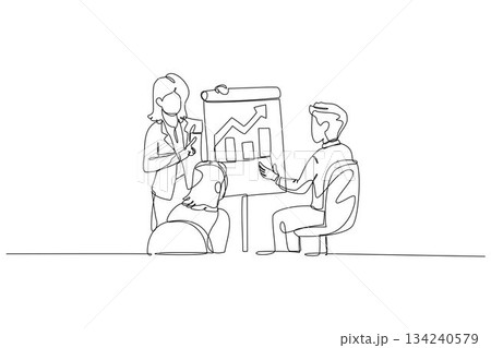 Continuous one line drawing three colleagues, one female presenting growth chart with bar and line graphs. Successful strategy in corporate meeting. Single line draw design vector graphic illustration 134240579