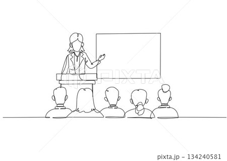 Continuous one line drawing female speaker at podium with microphone, presenting to audience of seated colleagues or attendees, business conference. Single line draw design vector graphic illustration 134240581