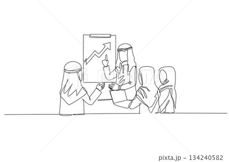 Continuous one line drawing four Arab men, one man presenting upward chart to his colleagues, discussing business success and strategy in office meeting. Single line design vector graphic illustration 134240582