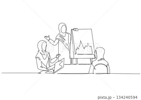 Single continuous line drawing three Arab women engaged in business meeting, present market data on fluctuating chart while using laptop for analysis. One line draw graphic design vector illustration Single continuous line drawing three Arab women engaged in business meeting, present market data on fluctuating chart while using laptop for analysis. One line draw graphic design vector illustration 134240594