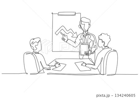 Single continuous line drawing male manager showing downturn chart to two seated colleagues taking notes. Review of poor finance business performance. One line draw graphic design vector illustration Single continuous line drawing male manager showing downturn chart to two seated colleagues taking notes. Review of poor finance business performance. One line draw graphic design vector illustration 134240605