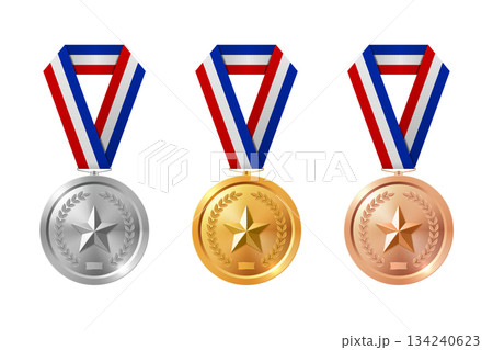 Vector 3d Gold, Silver, Bronze Medal Set. Award Medals for Sport. Medal Icon, Isolated. Medal Badge Collection. Winner First Second Third Place Trophy Design Template for Championship 134240623