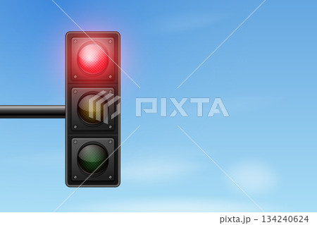 Red Traffic Light on Blue Sky, Vector Illustration. 3d Realistic Traffic Light Red Signal. Traffic Light Illustration, Stop Sign. City Street Background, Pedestrian Crossing and Driving Concept Red Traffic Light on Blue Sky, Vector Illustration. 3d Realistic Traffic Light Red Signal. Traffic Light Illustration, Stop Sign. City Street Background, Pedestrian Crossing and Driving Concept 134240624