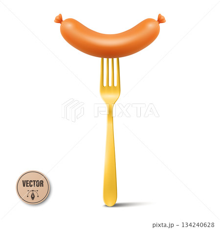 Vector 3d Sausage on Fork, Isolated. Grilled Sausage with Metal Fork. Hot Dog Sausage Food Icon for Menu, Cafe, BBQ, Street Food, Butcher Shop, Oktoberfest, Packaging, Label, Recipe, Cooking Vector 3d Sausage on Fork, Isolated. Grilled Sausage with Metal Fork. Hot Dog Sausage Food Icon for Menu, Cafe, BBQ, Street Food, Butcher Shop, Oktoberfest, Packaging, Label, Recipe, Cooking 134240628