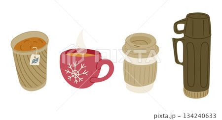 Hand drawn set of hot beverage cups and thermos including tea mug coffee cup and travel tumbler isolated on white background. This illustration represents warm drinks lifestyle comfort 134240633