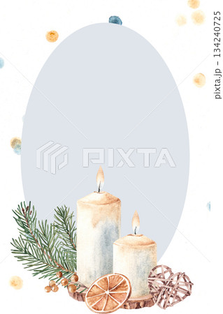 Minimal watercolor Christmas background with candle, fir branch, orange slice, wicker toy and oval copy space. Clean winter illustration for greeting card, invitation, branding or modern holiday 134240725