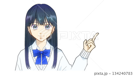 説明、案内、紹介をしている高校生または中学生の女の子のアニメ風イラスト、白バック 134240783