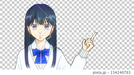 説明、案内、紹介をしている高校生または中学生の女の子のアニメ風イラスト、白バック 134240783