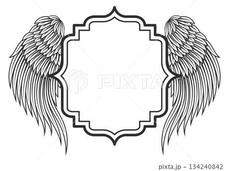 A black and white drawing of a winged frame with a white background A black and white drawing of a winged frame with a white background 134240842
