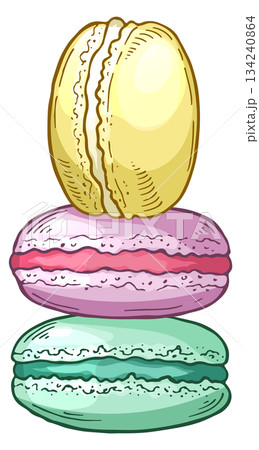 Three pastries stacked on top of each other, one of which is a macaron Three pastries stacked on top of each other, one of which is a macaron 134240864